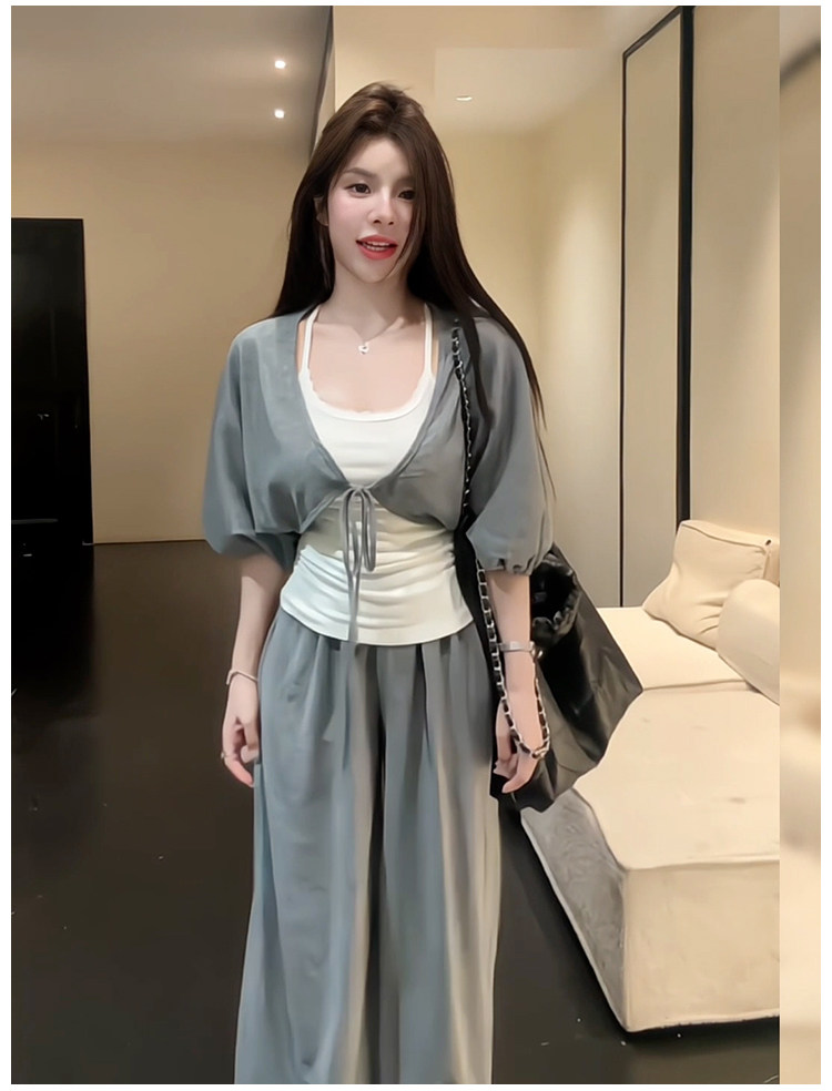 26 년 여름 느긋한 바람 벌룬 소매 행침 목 조끼 쇼트 스타일 맨위 캐주얼 루즈핏 와이드 레그 팬츠 세 조각 여성 세트
