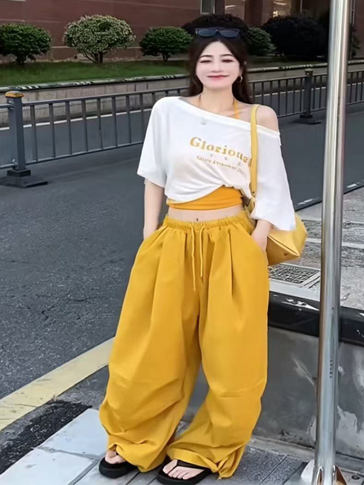 여름 새로운 순수한 욕망 바람 몸매 가꾸기 행침 목 캐미솔 보트넥 티셔츠 캐주얼 워크웨어 팬츠 3종 세트