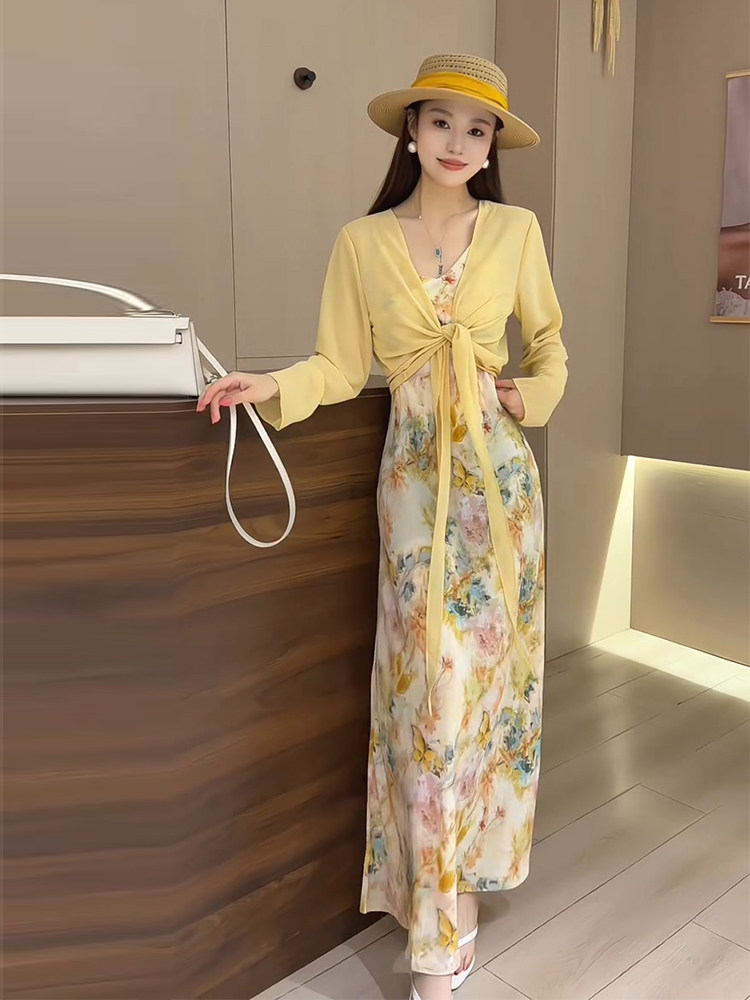 프랑스식 부드러운 바람 꽃무늬 프린트 드레스 두 조각 여성 세트 여름 고급 센스 품격 슬림해 보이는 세트