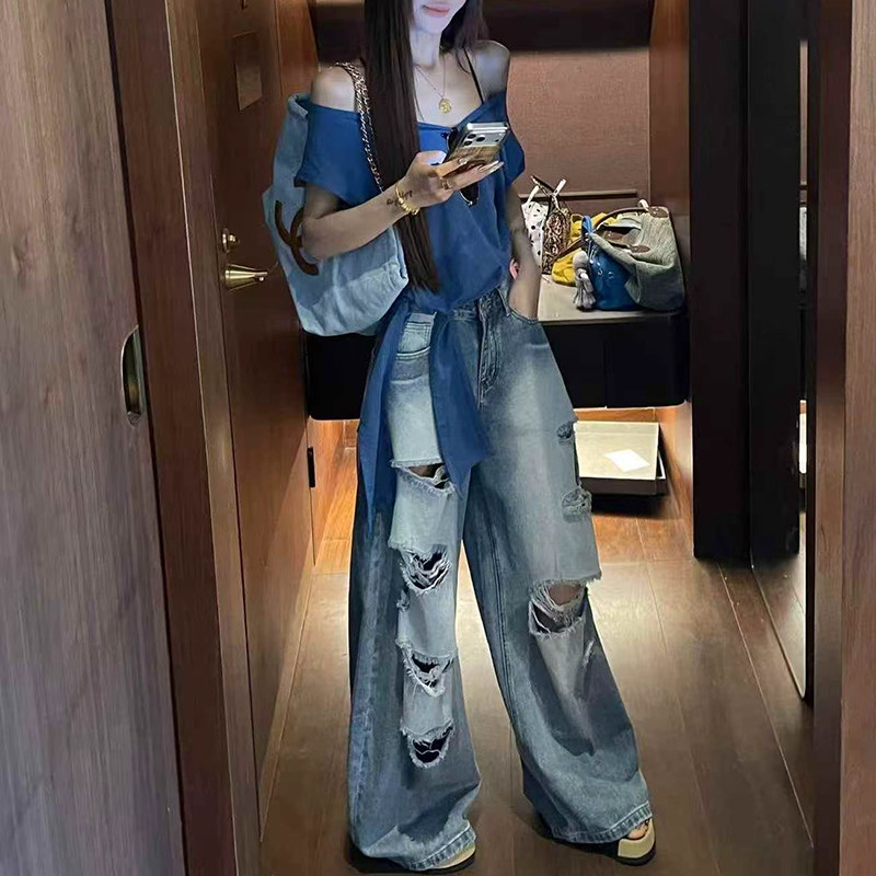 여름 새로운 레이스업 패션 미니멀리즘 반팔 워시 물 핫걸 찢어진 부분 청바지 여성 투피스 세트 세트 여성 트렌디