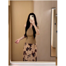 批发今年流行夏季<b class='q'>轻熟</b>风女人味时髦一整套修身针织上衣+印花复古半裙