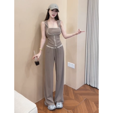 批发夏季韩式休闲运动风修身显瘦设计感连帽无袖上衣高腰抽绳卫<b class='q'>裤</b>套装