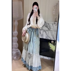 批发26夏季新款法式复古蕾丝拼接上衣高腰<b class='q'>印花</b>半身裙度假<b class='q'>套装</b>两件套女