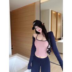 批发新款辣妹收腰吊带背心+短款长袖开衫+松紧腰系带休闲裤三件套