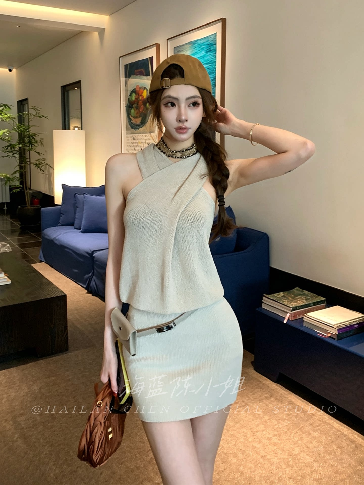 BY29682# 前后交叉挂脖无袖针织连衣裙女露肩短裙修身显瘦包臀裙配腰带  服裝批發女裝批發服飾貨源