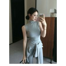 批发休闲百搭高领无袖上衣长袖开衫薄款<b class='q'>外套</b>女辣妹<b class='q'>修身</b>提臀微喇叭裤装