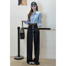 批发小众设计感条纹收腰衬衫<b class='q'>阔腿裤</b>气质通勤显瘦高级感时尚百搭两件套