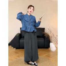 批发韩版<b class='q'>通勤</b>风气质压褶简约牛仔外套女秋季复古立领百搭短款纽扣夹克