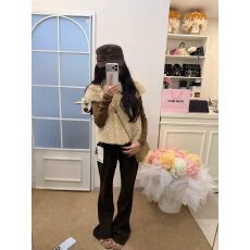 批发秋冬新款小香风羊羔毛马甲外套纯色打底衫微喇叭裤套装三件套