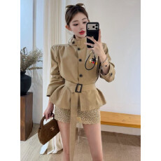 批发知性姐姐穿搭两件套女千金风气质显瘦立领风衣外套+蕾丝<b class='q'>短</b>裙套装