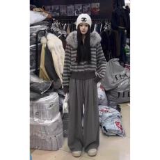 批发新款韩版时尚加厚短款条纹毛领连帽开衫+高腰阔腿裤两件套