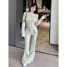 批发韩系圆领加厚开衫套装女秋<b class='q'>冬</b>高级感气质显瘦高腰屁帘微喇裤两件套