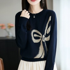 批发早秋蝴蝶结提花针织打底衫女2025新款春秋洋气大码<b class='q'>女装</b>秋冬毛衣