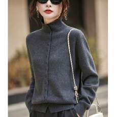 批发老钱风半高领<b class='q'>针织</b><b class='q'>开衫</b>女灰色毛衣外套2025新款法式高端显瘦打底衫