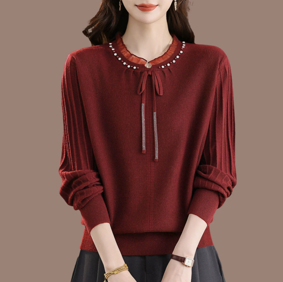 Plus-size wool sweater for women—autumn/winter new style, elegant mom-style knitted cashmere sweater with lace trim and ribbed knit base layer.