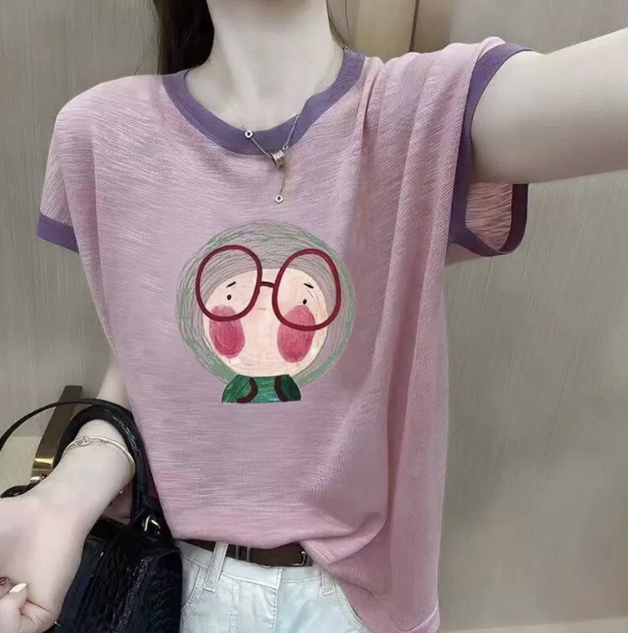 유럽 역 대나무 마디 면 프린트 반팔 티셔츠 여성 여름 얇은 스타일 배색 고급 폭발 작은 셔츠 맨위