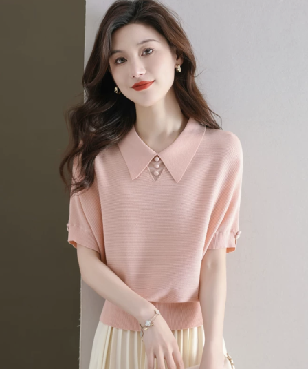 얼음 실크 POLO 칼라 반팔 티셔츠 여성 2026 여름 새로운 프랑스식 루즈핏 박쥐 베이비 칼라 니트 스웨터 맨위