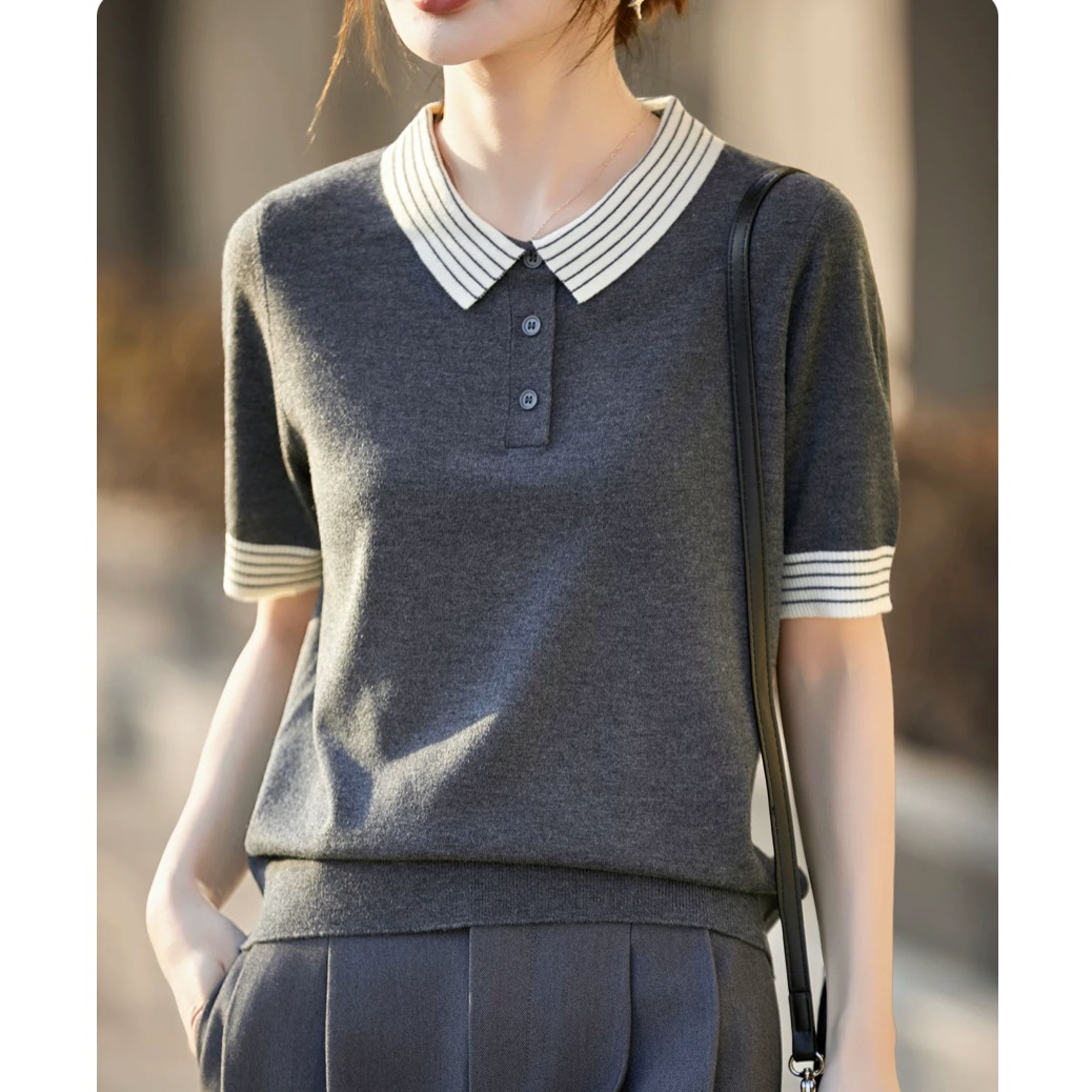 품격 POLO 칼라 배색 반팔 니트 스웨터 여성 2026 새로운 반소매 만나는 맨위 얇은 스타일 약화 된 털 티셔츠