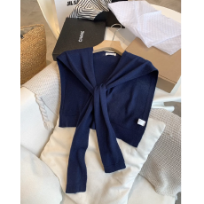 批发自留藏青色羊毛混纺针织披肩女外搭2026新款时尚打结衬衫小坎肩女