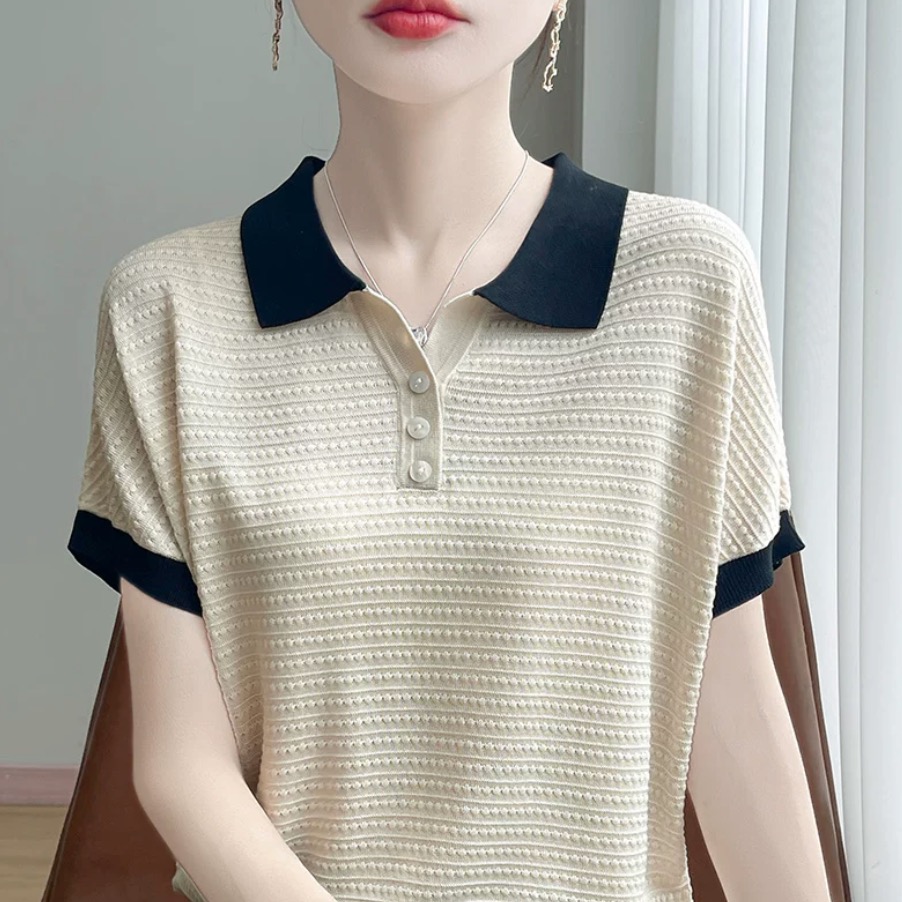 여름 미니멀리즘 배색 패션 작은 폴로 칼라 반팔 여성 슬림해 보이는 긍정적 인 어깨 POLO 칼라 보다 작은 서울 주간 실크 티셔츠 맨위