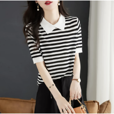 批发条纹polo领短袖t恤女夏季2026新款高级感<b class='q'>针织衫</b>体恤<b class='q'>薄款</b>冰丝上衣