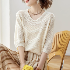 批发2026新款夏季<b class='q'>七分袖</b>短袖<b class='q'>t</b><b class='q'>恤</b>女V领镂空薄款冰丝针织衫大码女装上衣