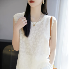 批发小香风圆领花边洋气吊顶背心提花镂空蕾丝无袖t恤<b class='q'>上衣</b>内搭打底衫