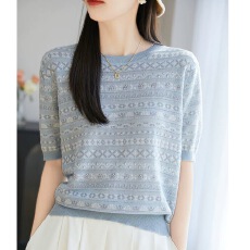 批发小香风时尚镂空针织衫薄款短袖t恤2025新款欧货洋气小衫高端<b class='q'>上衣</b>