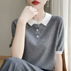 批发polo衫女2026新款冰丝针织t恤短袖翻领天丝体恤polo领显瘦<b class='q'>上衣</b>
