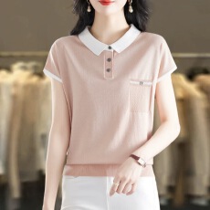 批发娃娃领冰丝<b class='q'>上衣</b>女夏薄款宽松短袖T恤洋气减龄<b class='q'>桑蚕丝</b>针织衫