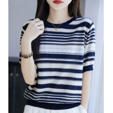 批发<b class='q'>桑蚕丝</b>短袖t恤女夏季新款撞色条纹冰丝松弛感宽松休闲<b class='q'>上衣</b>