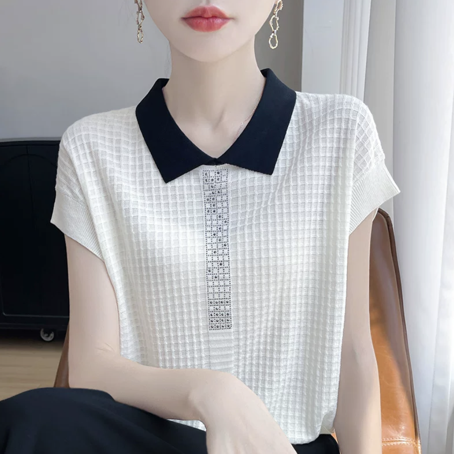 BY28340# 华夫格烫钻POLO领针织短袖T恤女轻薄舒适气质撞色小飞袖上衣 服裝批發女裝批發服飾貨源