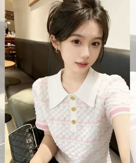 부드러운 바람 달콤함 POLO 칼라 화이트 반팔 티셔츠 여성 2026 여름 새로운 고유 한 아름다운 그레이트 봐. 의류