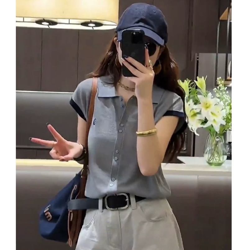 유럽 상품 POLO 칼라 긍정적 인 어깨 짧은 티셔츠 여성 여름 얇은 스타일 빅 사이즈 지방 mm 얼음 실크 인사이드 가져 가라. 기본 셔츠 맨위 여성