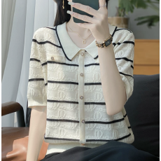 批发条纹提花短袖t恤女夏季2026新款<b class='q'>打底衫</b>洋气<b class='q'>大码</b>女装冰丝针织上衣