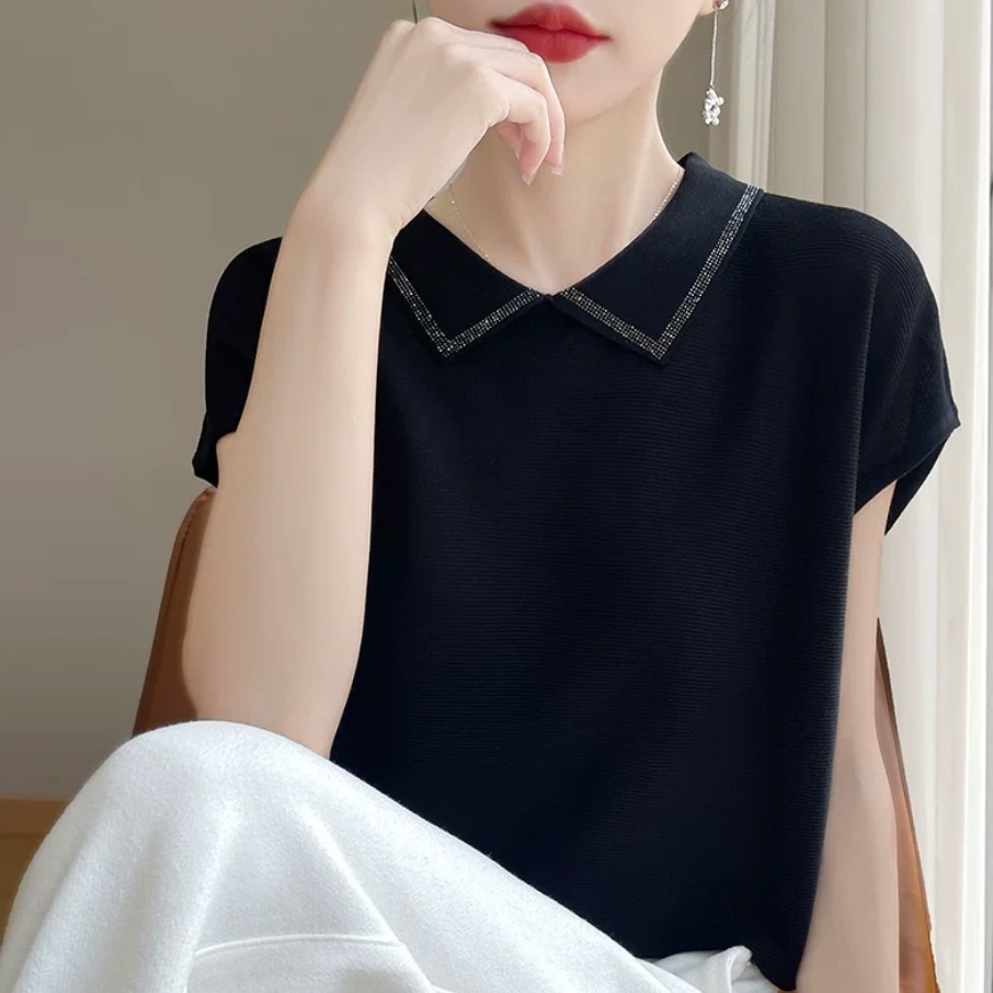 POLO 칼라 반팔 여성 티셔츠 여름 디자인 센스 작은 대중 고급 품격 루즈핏 빅 사이즈 얼음 실크 니트 스웨터 맨위