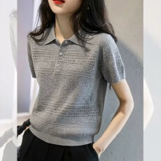 批发简约小众休闲风翻领短袖针织衫女灰色显瘦百搭<b class='q'>通勤</b>气质设计感上衣