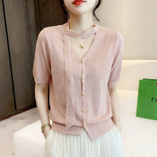 批发轻薄夏季新款飘带V领<b class='q'>针织衫</b>外搭短袖<b class='q'>开衫</b>气质宽松别致粉色上衣女