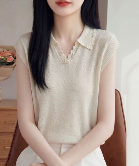 캐주얼 바람 폴로 칼라 얼음 마 니트 작은 날다 소매 티셔츠 여성 여름 얇은 루즈핏 레이스 다용도 반팔 티셔츠 맨위 미니멀리즘