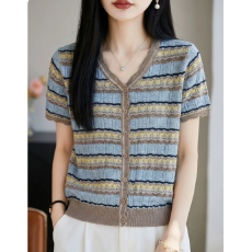 批发法式高级感条纹撞色针织短袖<b class='q'>开衫</b>女T恤夏薄凉感透气显瘦小衫上衣