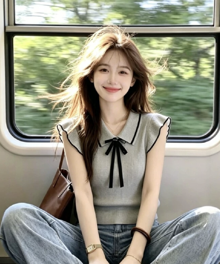 학원 스타일 회색 폴로 칼라 나비 매듭 니트 반팔 티셔츠 여성 여름 고유 한 아름다운 작은 날다 소매 몸매 가꾸기 맨위
