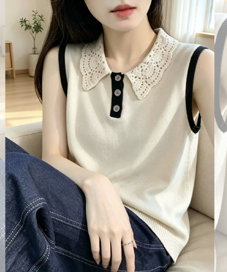 작은 샤넬 스타일 베이비 칼라 레이스 조각 민소매 니트 조끼 여성 2026 년 여름 새로운 슬림해 보이는 품격 맨위