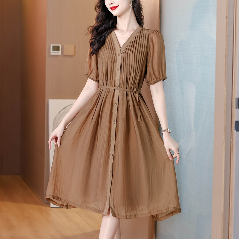 RY3700# 时尚褶皱连衣裙女2026夏季新款V领简约长裙欧货减龄女装