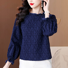 批发2026春季高级感棉麻气质轻奢高级感独特超好看藏青色长袖衬衫上衣