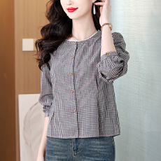 批发复古格子圆领长袖<b class='q'>衬衫</b>女2026年春季新款休闲显瘦时尚气质百搭上衣