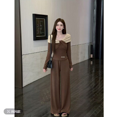 批发【古早女主】可可<b class='q'>糖果</b>设计感扭结撞<b class='q'>色</b>V领上衣直筒百搭裤两件套女