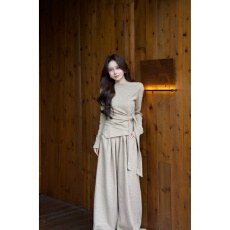 批发实拍实价2025年秋冬系带收腰显瘦长袖上衣+ 休闲宽松阔腿裤套装女