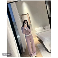 批发2026年韩系休闲气质韩女磨毛连帽修身显瘦卫衣外套+休闲裤套装女