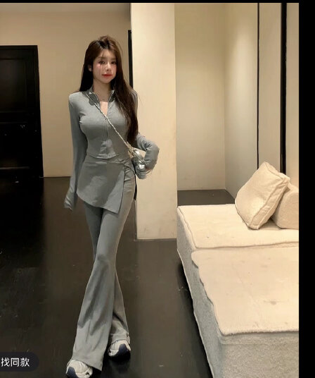 huihui 한 부서 캐주얼 바람 랩스커트팬츠 맨위 코디 부츠컷 바지 패션 세트 벨트 어깨 패드