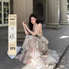 批发For Fay 晨露蔷薇园/法式度假风印花挂脖雪纺蛋糕长裙女V领连衣裙